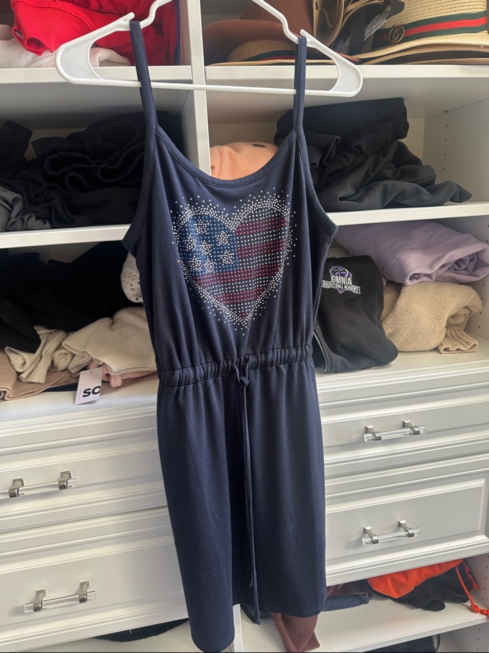 VENUS Navy Mini Dress with Rhinestone American Flag Heart